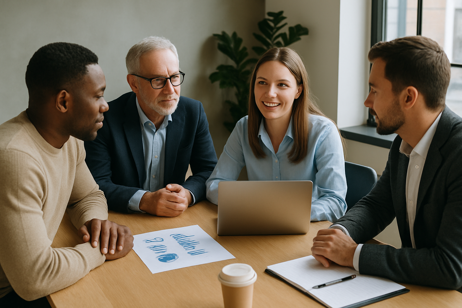 Diverse professional team collaborating around a conference table with laptops, documents, and business charts, representing the types of visionary teams Whidbey Ventures supports